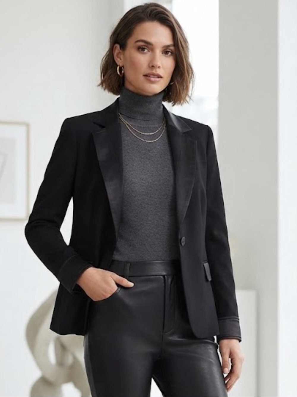 Calvin Klein Platinum Black Wool Blazer, Satin Trim Tailored Jacket NWOT